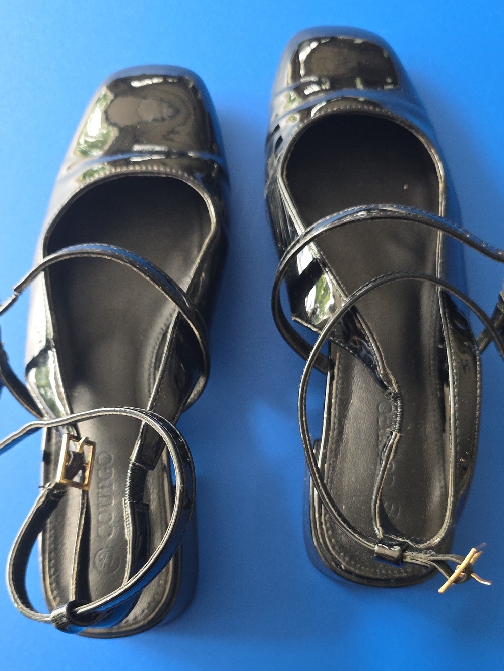 Black Patent Square-Toe Ankle-Strap Flats